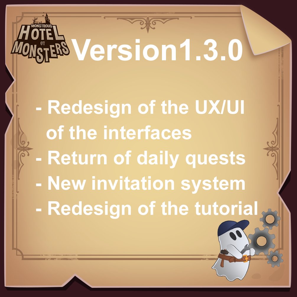 MonstrousHotel's tweet photo. Hello monster hotel managers, update 1.3! 👋🏻 👻 
Redesign of some interfaces, the return of daily quests and other surprises await you!!! 🤩 🧟

#indiedev #indiegamedev #indiegames #gamedev #mhm #mobilegame #mobiledev #unity #unity3D #unityDev https://t.co/HHiY7wicT3