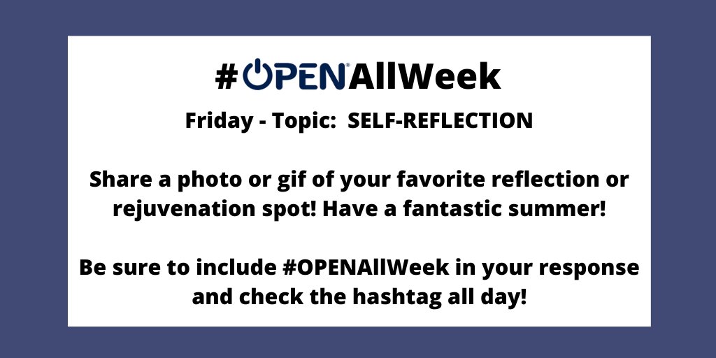 OPENPhysEd's tweet photo. It's the end of another #OPENAllWeek! Share a photo of your favorite self-reflection spot and have a fantastic summer! Include the hashtag so we can see your "thinking spot"! @LynnHefele @TracyNSharlow @mrobPE @coachwalk https://t.co/Lt1lufJ87s