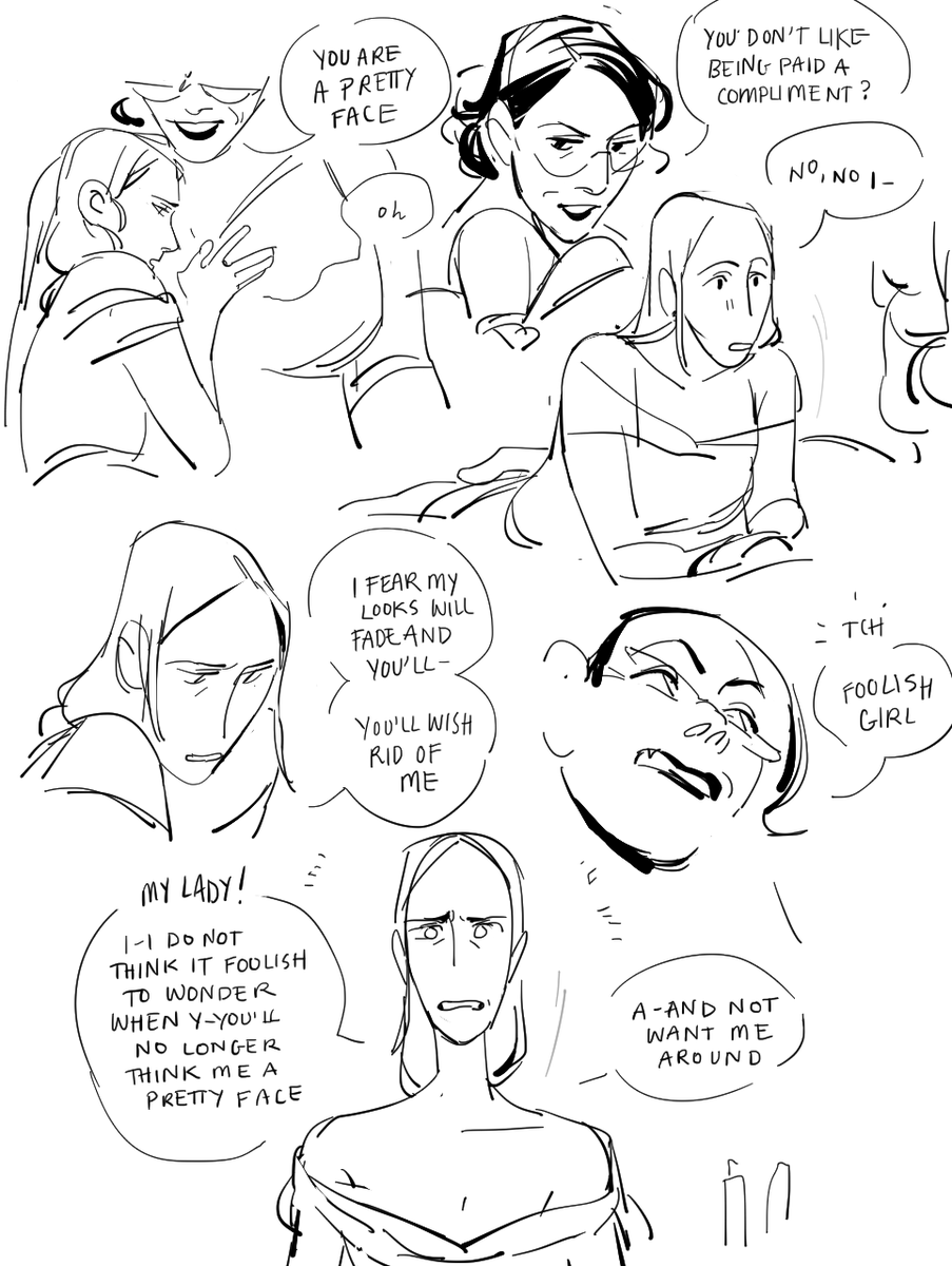 (1/2) RE8: so what if lady d kept a maiden around longer than usual 👉👈

who accidentally endeared herself to alcina &amp; she ends up keeping  her around for company and the maiden certainly isnt against being kept as a hot water bottle and occasional snack by a giant vampire milf. 