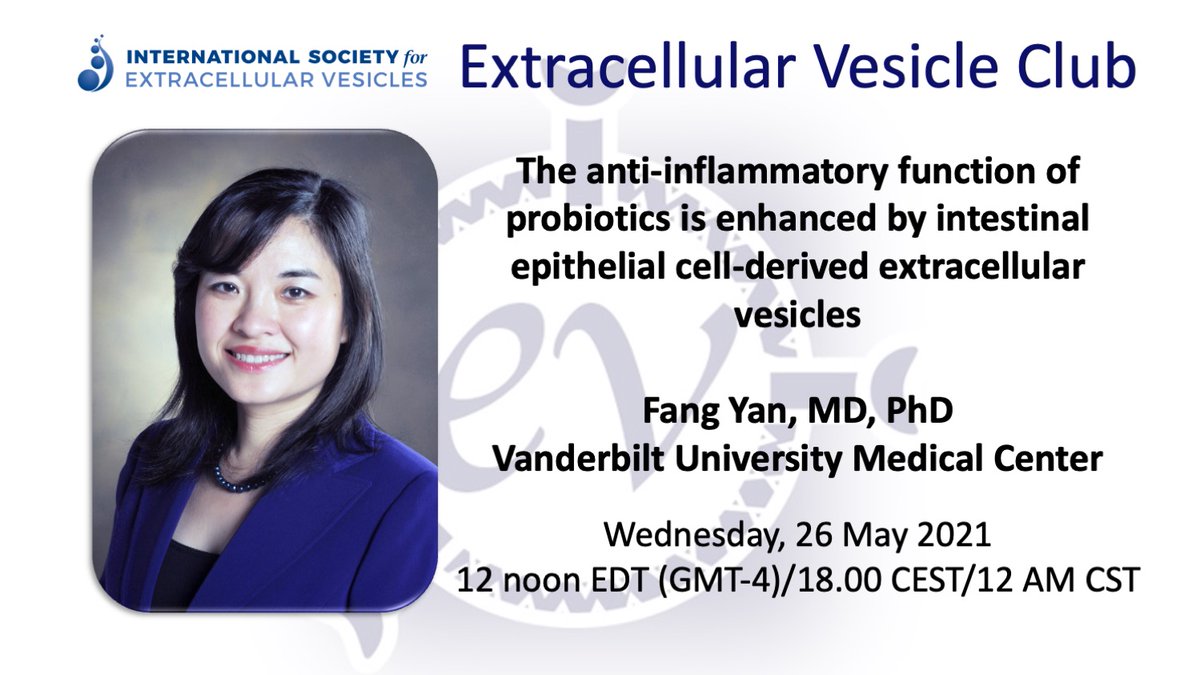Kenneth W Witwer (he/him) (@kennethwwitwer) on Twitter photo Next #EVClub, Fang Yan presents "The anti-inflammatory function of #probiotics is enhanced by intestinal epithelial cell-derived #ExtracellularVesicles" 
Wed 26 May, 12noon EDT/6PM CEST
See: iai.asm.org/content/87/7/e…
Need the login? Sign up here: surveymonkey.com/r/L25KDWB @ISEVComms Next #EVClub, Fang Yan presents "The anti-inflammatory function of #probiotics is enhanced by intestinal epithelial cell-derived #ExtracellularVesicles" 
Wed 26 May, 12noon EDT/6PM CEST
See: iai.asm.org/content/87/7/e…
Need the login? Sign up here: surveymonkey.com/r/L25KDWB @ISEVComms