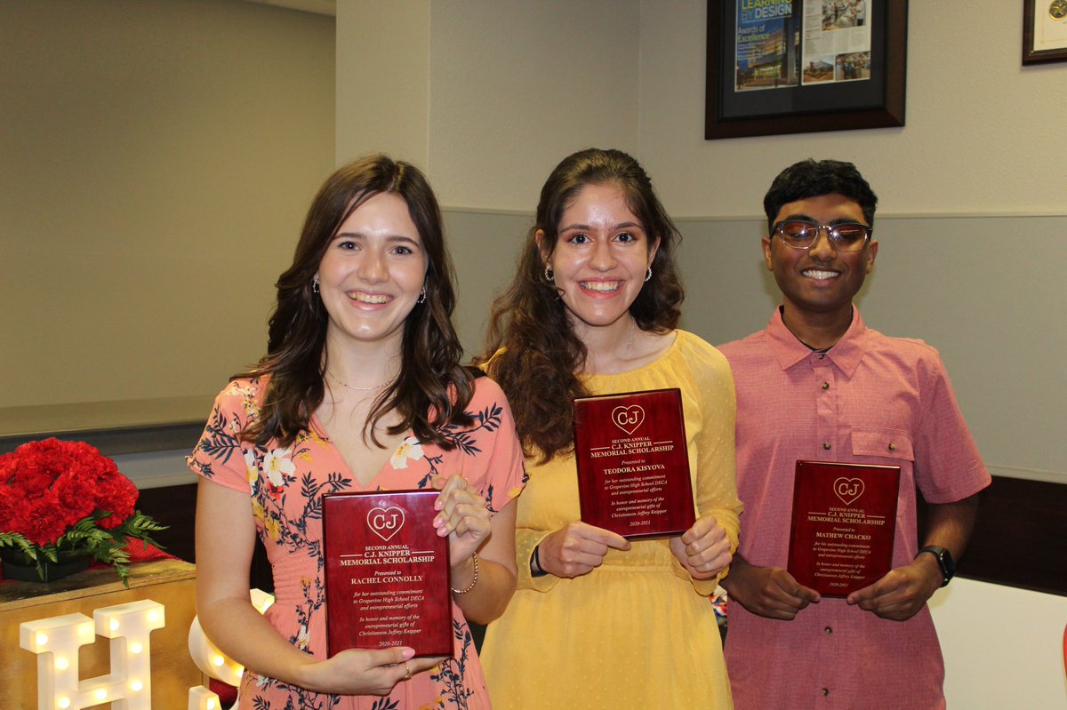 Grapevine_DECA's tweet photo. Congratulations to our ‘21 CJ Knipper Memorial Scholarship recipients, Rachel Connolly, Mathew Chacko &amp; Teodora Kisvoya! Combined these students received $7,500 in CJ’s honor &amp;memory! Each year,outstanding GHS DECA members have the opportunity to earn this scholarship! #gcisdcte https://t.co/a7FdDWe8uK