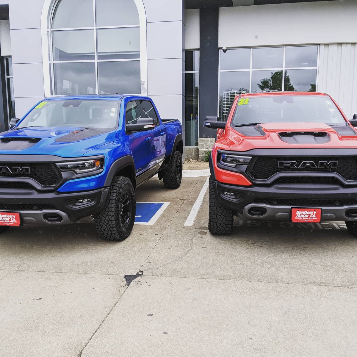 DanDeeryCDJR's tweet photo. Two TRX Rams on the lot 🦖 over 700 horses in these bad boys. Be the intimidator or the intimidated, what do you think of these monstrous trucks? #TRX #Ram #RamTrucks #Hemi https://t.co/FC8oA0BCfG