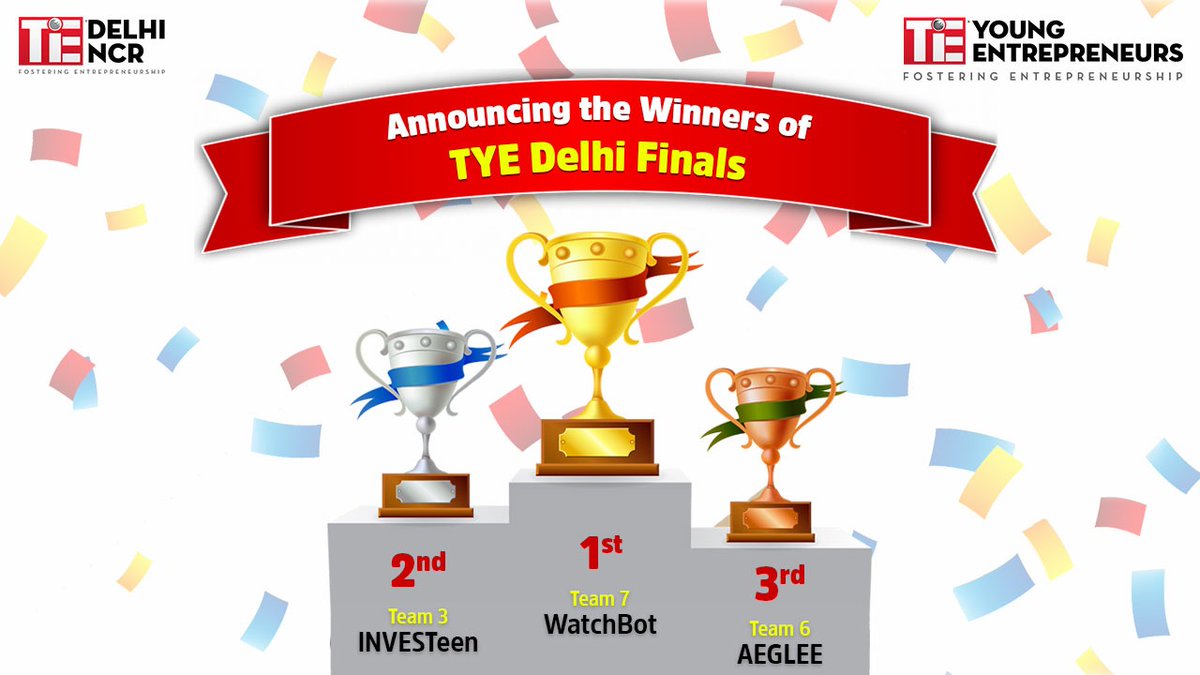 TiE Delhi-NCR (@tiedelhi) on Twitter photo The results are out for the Delhi Finals of #TiE Young Entrepreneurs #TYE 2021!
Kudos to our young & shiny stars with brighter ideas!👏
1st - Team WatchBot, Mentor - <a href="/sandrostephen/">sandro stephen</a>
2nd - Team INVESTeen, Mentor - Damini Gupta
3rd - Team AEGLEE, Mentor - Praveen Tyagi The results are out for the Delhi Finals of #TiE Young Entrepreneurs #TYE 2021!
Kudos to our young & shiny stars with brighter ideas!👏
1st - Team WatchBot, Mentor - <a href="/sandrostephen/">sandro stephen</a>
2nd - Team INVESTeen, Mentor - Damini Gupta
3rd - Team AEGLEE, Mentor - Praveen Tyagi