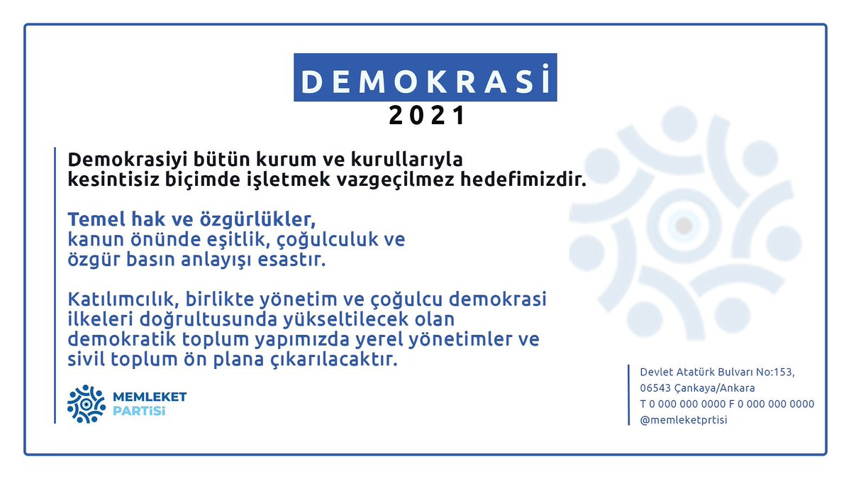 MemleketimPart's tweet photo. Kaybolan demokrasi anlayışı ve kültürünü var etmek için gücü elinde tutanların söz sahibi olduğu değil;
Katılımcı ve çoğulcu demokrasi ile gerçek hak ve hukukun var olduğu,insanının tüm haklarını sonuna kadar savunan,var eden bir #Türkiye yaratmaya biz hazırız!

#MemleketPartisi https://t.co/3CMJT4bglv
