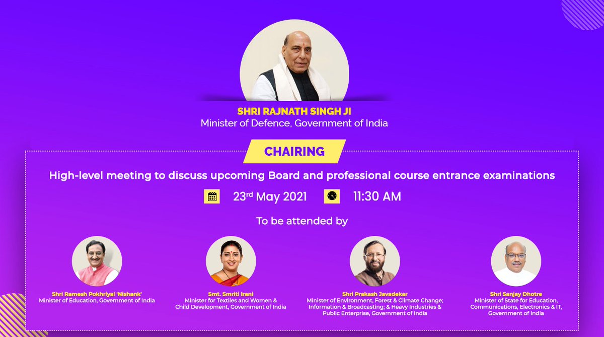 I would be attending a high-level virtual meeting chaired by the Minister of Defence Shri <a href="/rajnathsingh/">Rajnath Singh</a> Ji to discuss the upcoming boards and professional course entrance examinations.