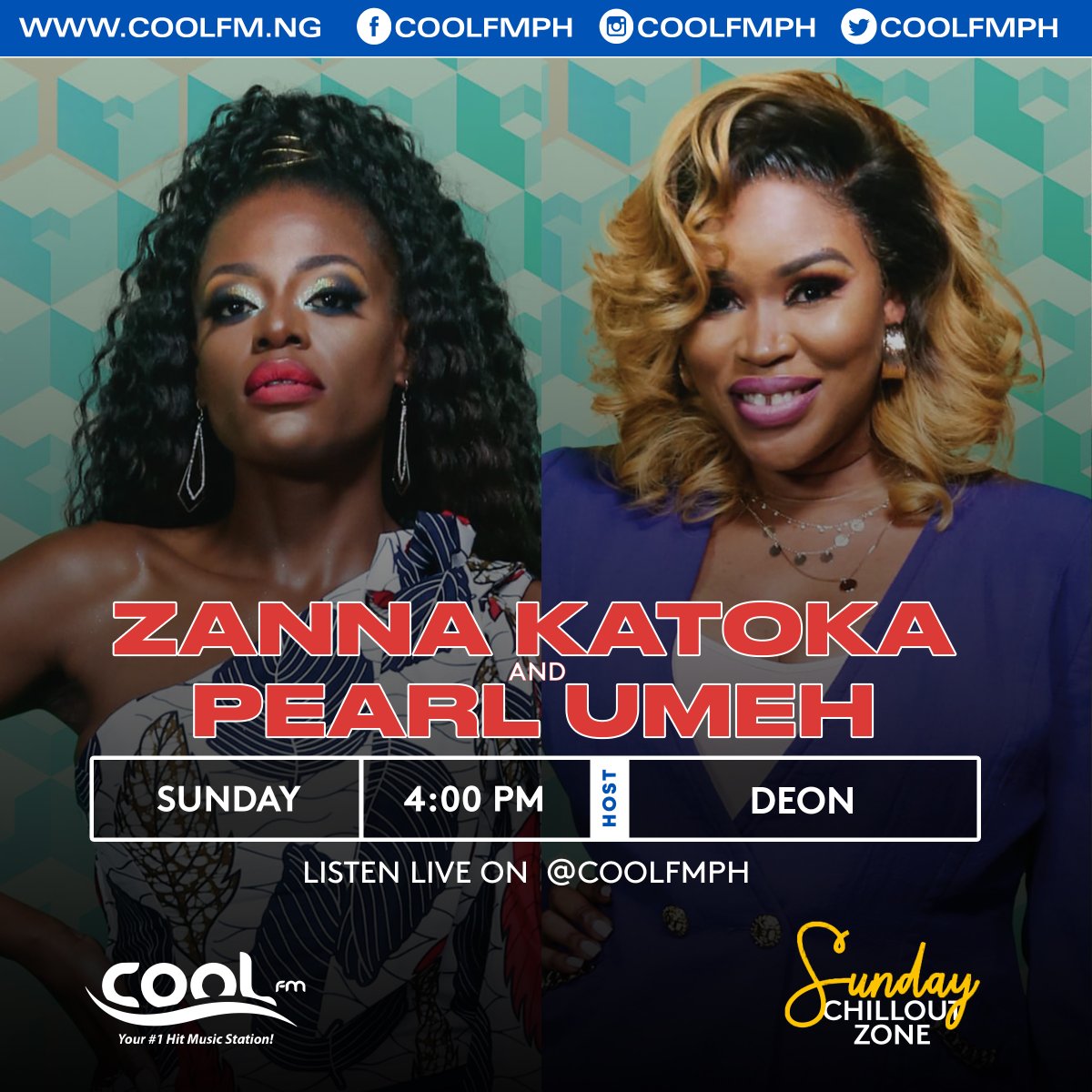 COOL FM (@coolfmph) on Twitter photo #BestOfAfrica: Hosts of new TV show 'The Buzz', on DSTV's new Pan-African TV station, Honey TV, <a href="/AbsolutelyPearl/">Pearl</a>🇳🇬 & <a href="/ZannaKatoka/">je m’apelle</a>🇨🇩 join <a href="/Deon_469/">Deon Sowobi</a> on the #SundayChilloutZone
#CoolFMPH #BestOfAfrica: Hosts of new TV show 'The Buzz', on DSTV's new Pan-African TV station, Honey TV, <a href="/AbsolutelyPearl/">Pearl</a>🇳🇬 & <a href="/ZannaKatoka/">je m’apelle</a>🇨🇩 join <a href="/Deon_469/">Deon Sowobi</a> on the #SundayChilloutZone
#CoolFMPH