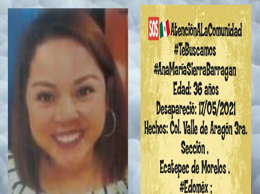 purificacionmor's tweet photo. #TeBuscamos
#AnaMaríaSierraBarragan  
Edad: 36 años
Desapareció:17/05/2021
Hechos: Col. Valle de Aragón 3ra. Sección , 
Ecatepec de Morelos ;
#Edoméx  ;
Cualquier inf : ODISEA  (722)283-2012 
y  FGJ  800-89-029-40 
#PaseDeLista11AM
@Drago237
@alynmon https://t.co/n6ufN9BpWb