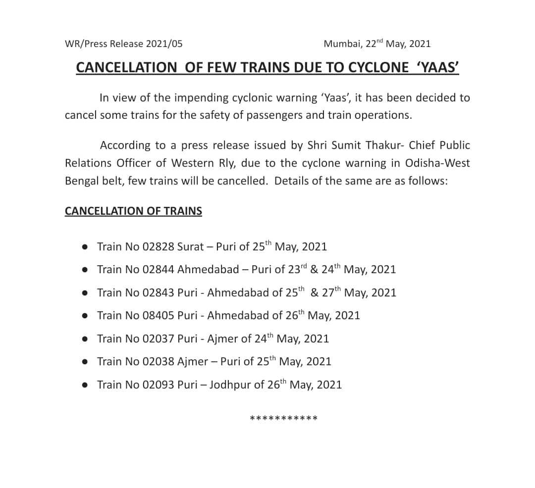 notbeingharsh's tweet photo. #YaasCyclone #CycloneYaas 

Cancellation of Trains due to cyclone YAAS https://t.co/d5TeNY4smg