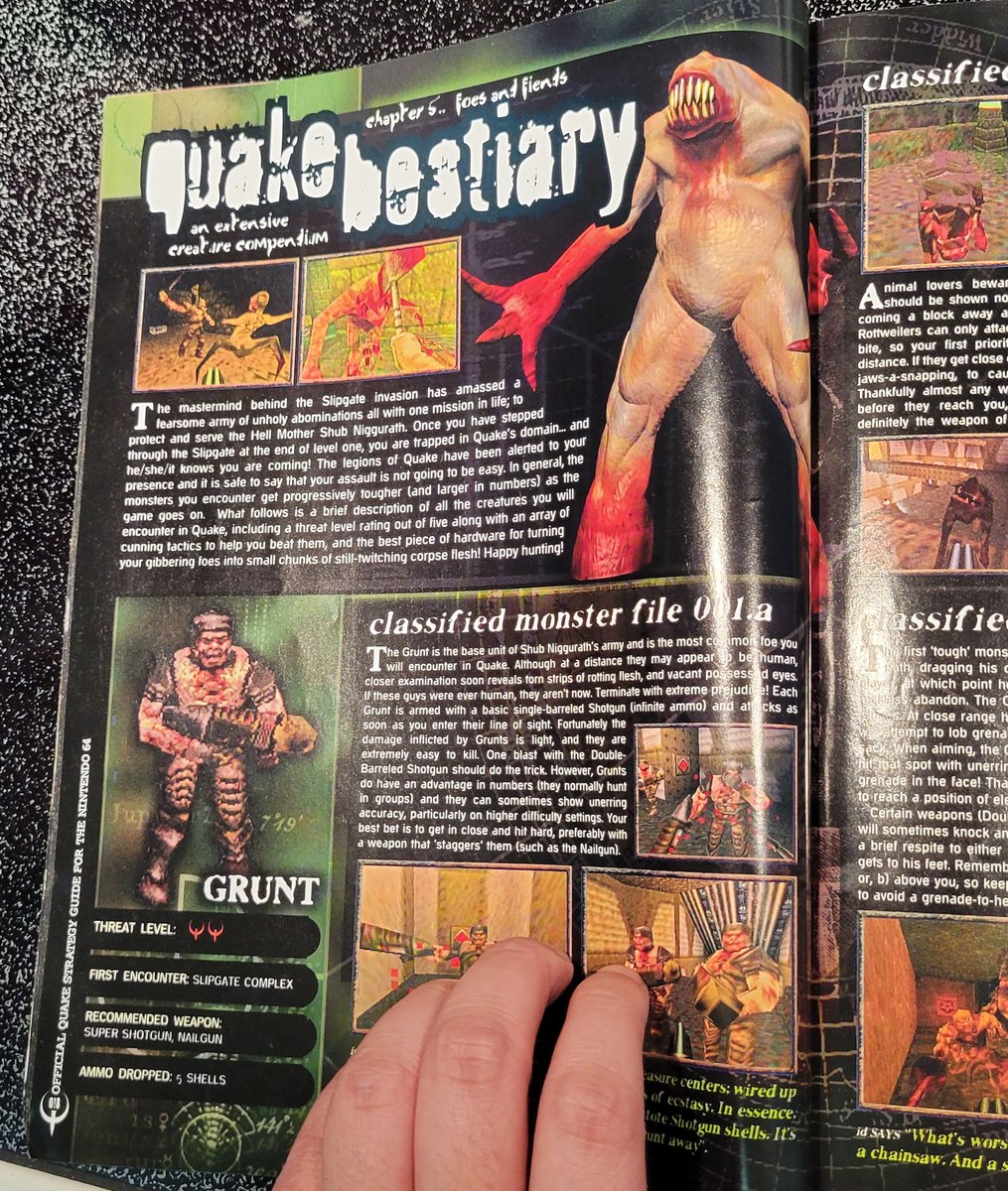 SlappyCromwell's tweet photo. Naturally, my last tweet was just in jest. That guide was merely "authorized." It's not like it was deemed official by @idSoftware!
Wait a sec, does this "official" Quake 64 guide specifically feature the same render of a clearly smooth-skin Shambler? #quake #shambler #notfur https://t.co/Fo2q49JeAY