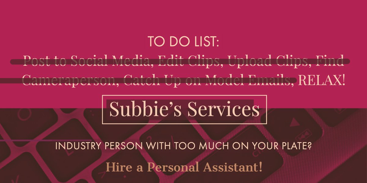 Do you dread editing your videos?

Do you want to be productive but just can't seem to muster the energy?

Email submissive_cupcake@yahoo.com and lets chat! 

I love being a helpful subbie for your adult admin needs and have 6+ yrs of tech/video experience along with references!