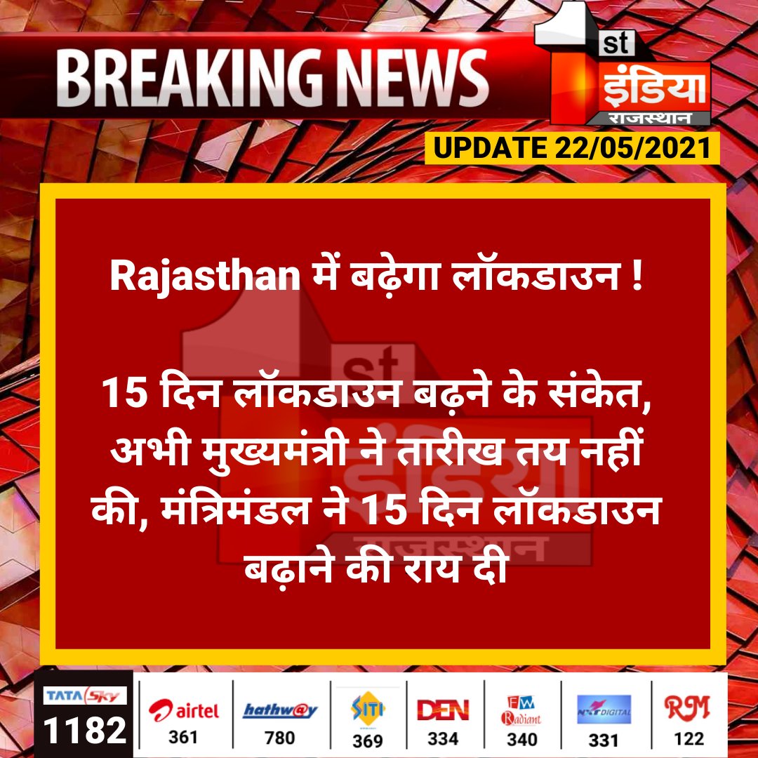 #Rajasthan में बढ़ेगा लॉकडाउन !

15 दिन लॉकडाउन बढ़ने के संकेत, अभी मुख्यमंत्री ने तारीख तय नहीं की....
#Lockdown <a href="/ashokgehlot51/">Ashok Gehlot</a> <a href="/RajGovOfficial/">Government of Rajasthan</a> <a href="/RajCMO/">CMO Rajasthan</a> <a href="/naresh_jsharma/">Naresh Sharma</a>
