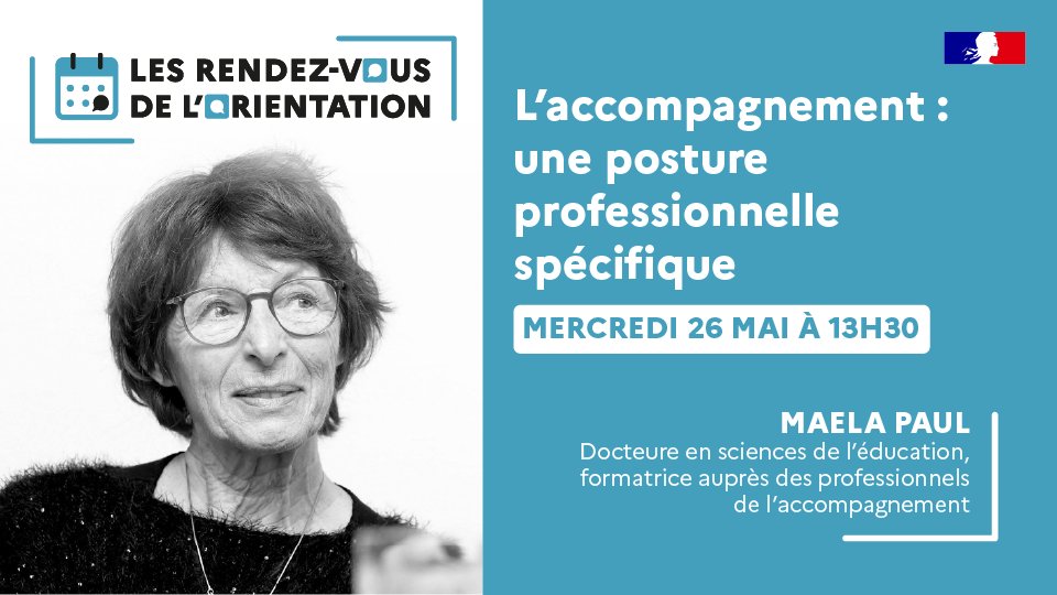 RAPPEL ➡️#Enseignants, Psy EN, professionnels de l’#orientation à l’université, en #missionlocale ... accompagner une personne dans son processus d'orientation est un en enjeu important. 
L'#Onisep  vous propose des éclairages 🗓️le 26 mai avec Maela PAUL
🖥️ow.ly/pjpy50EF4MH