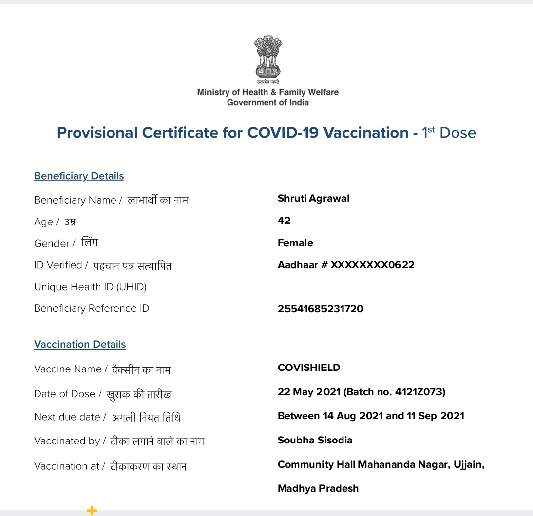 SHRUTIA11778451's tweet photo. Got first dose of COVISHIELD Vaccination today. Ek kadam CORONA ke khilaf https://t.co/mLFmvrMOq4