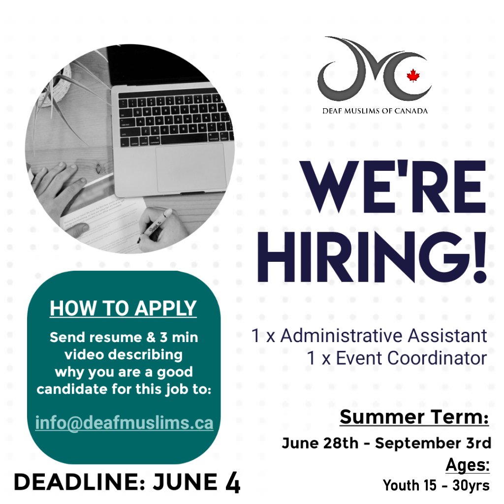 DeafMuslimsCa's tweet photo. We're hiring! Please apply!

ASL video coming soon https://t.co/gZ7DHwDndZ