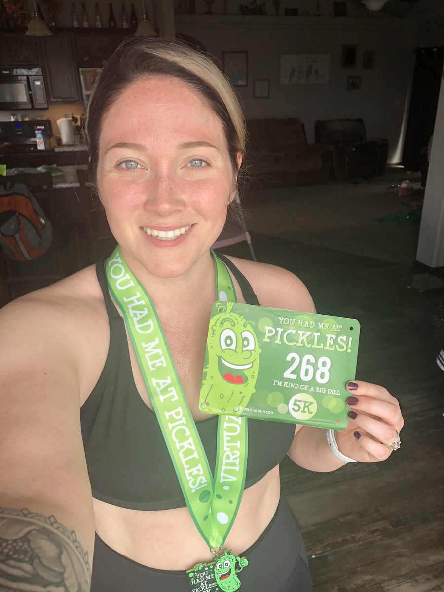 Kayli_k_wilson's tweet photo. You had me at pickles virtual 5k. Finished it in 35 minutes. I’m a trotter not a sprinter. Two down! Many more to go. #virtualrundotcom https://t.co/5i1xvo3E0O