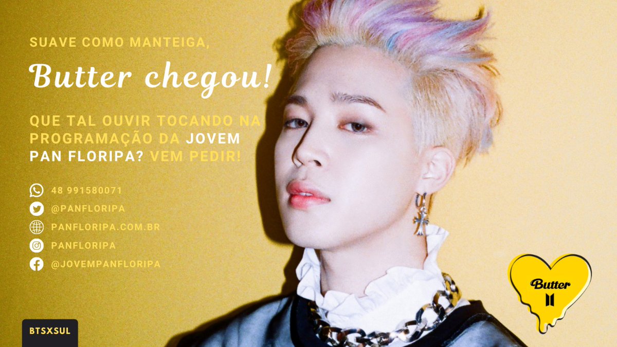 BTSxSUL's tweet photo. 📻 BUTTER NA RÁDIO 🧈 

Mais uma meta chegando! 💛💛

Pedido + print com stream😍🥰

🧈 200 pedidos 
🧈 50 retweets 

Exemplo:

Oi @panfloripa! Toca #BTS_Butter pra nós? Adoraríamos ouvir @BTS_twt na sua programação? Obrigada! 💛

#MeuSomNaPan #BTSnaPan

~ Byeol ⭐ https://t.co/dWyJG4DL94