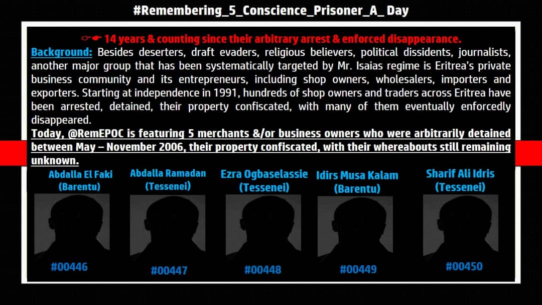 RemEPOC's tweet photo. ▶️Remembering 5 businessmen who had their property confiscated &amp;, then, were enforcedly disappeared >14yrs back.. 👇

#EritreaAt30 vs #HumanRightsViolations  

1⃣1⃣ The Right to Own Property https://t.co/w44QQaRlie