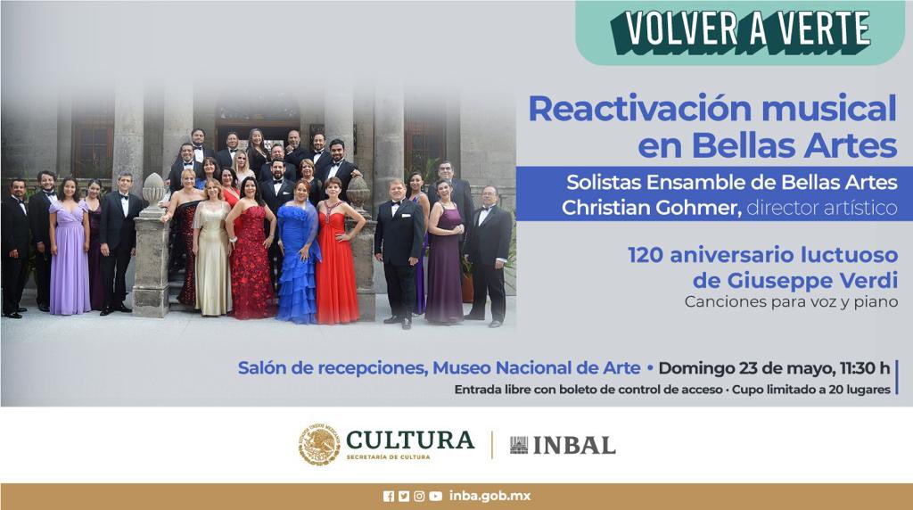 MusicaINBAL's tweet photo. Continúa la reactivación de conciertos presenciales en @bellasartesinba con el recital de @SolistasE, donde se interpretarán canciones para voz y piano de Verdi.
Mañana domingo 23 de mayo a las 11:30 h en el Salón de recepciones del @MUNALmx.
¡Acompáñanos!
Entrada libre https://t.co/Wog1TM6Pbx