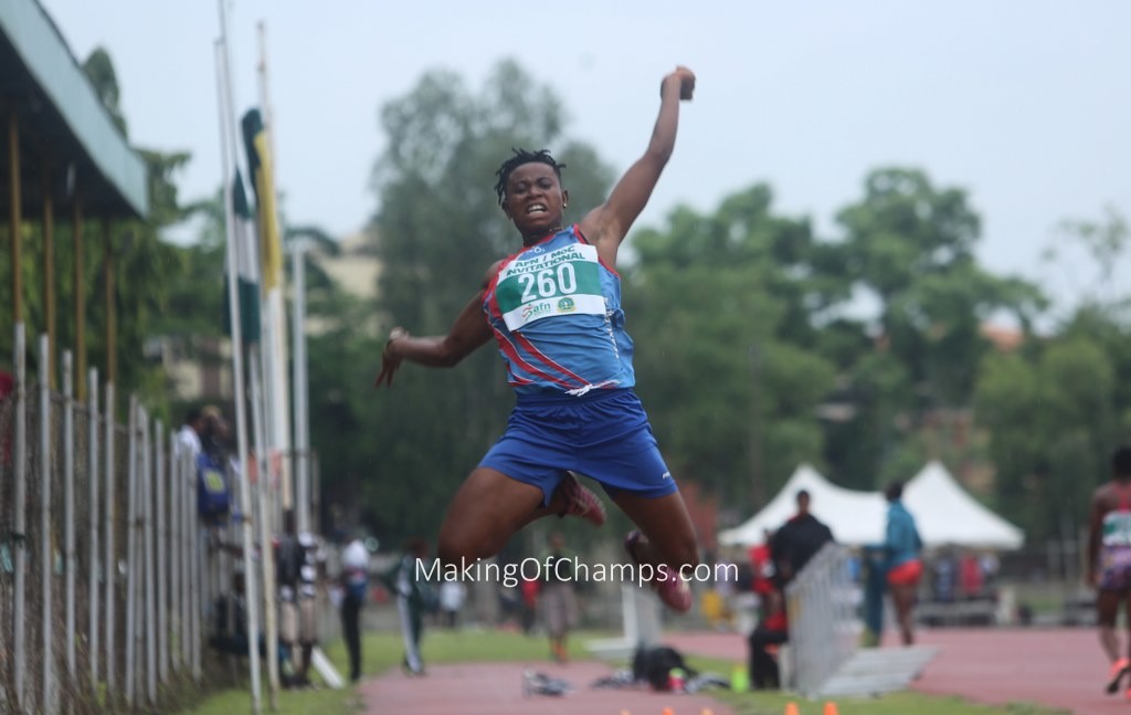 MakingOfChamps's tweet photo. She might not have been at her best today, but Ruth Agadama still found a way to win, leaping a mark of 5.96m (0.1) in the women's Long Jump. Precious Okoronkwo jumped 5.90m to finish 2nd, while Tina Samson jumped 5.78m to take 3rd spot #MoCInvitational https://t.co/ZIvuAtarie