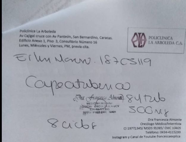 isabelperez93's tweet photo. #ServicioPublico Para Erlin Morón (22), M.Libertador diagnosticada con cáncer de mama requiere en calidad de donación #Capecitabina500mg agradecida a quienes puedan colaborar por favor RT 🙏
@MamaLisVzla
#ServicioSocial
#Funavive
#ServicioSocialIsabel https://t.co/k8mChCjpP8