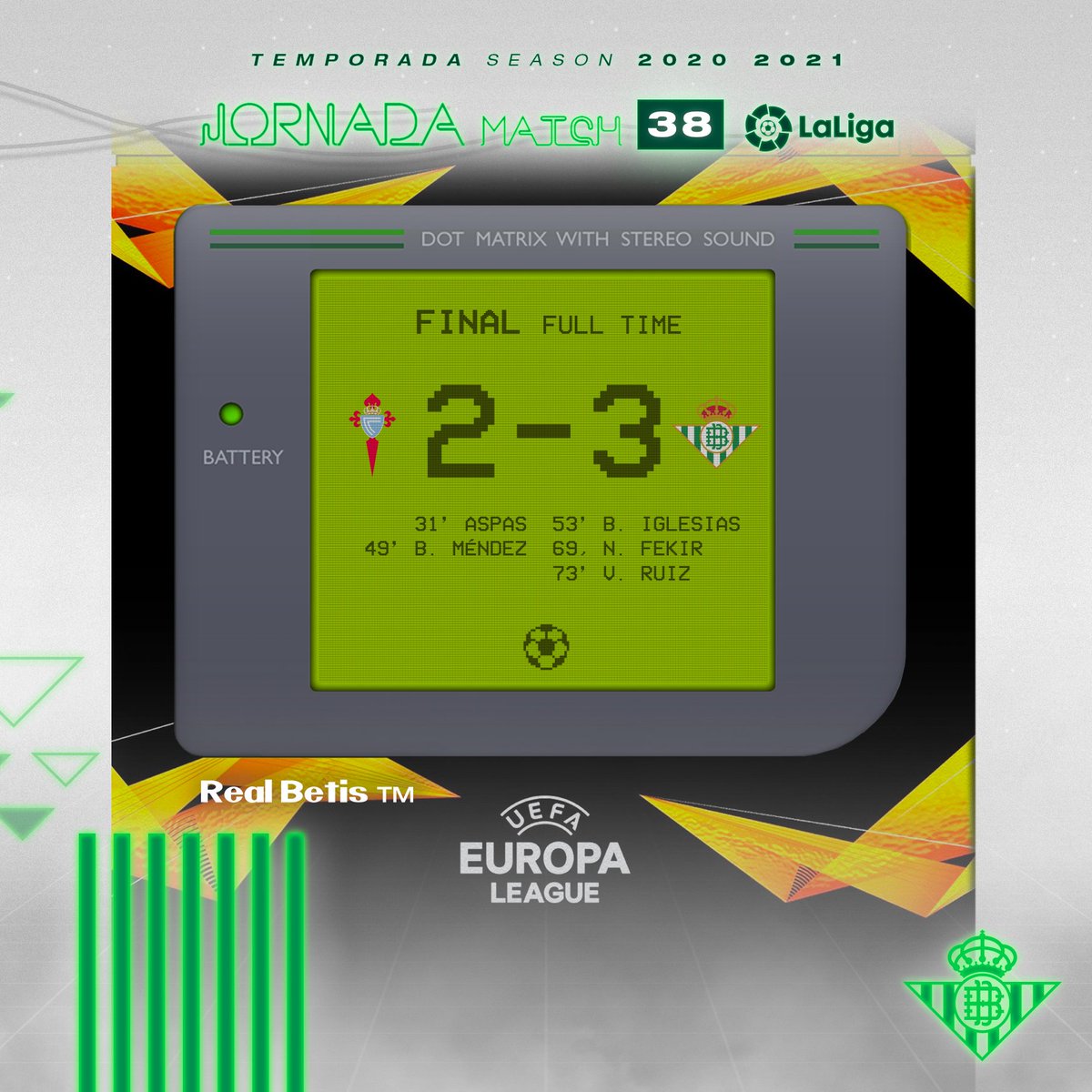 93’ ⏱⚽ ¡¡FINAAAAAAAAAAAAAAL!! 👏👏 ¡Somos equipo de <a href="/EuropaLeague/">UEFA Europa League</a>! 🇪🇺😊

🔵⚪ #CeltaRealBetis 2-3 💚🤍

#DíaDeBetis