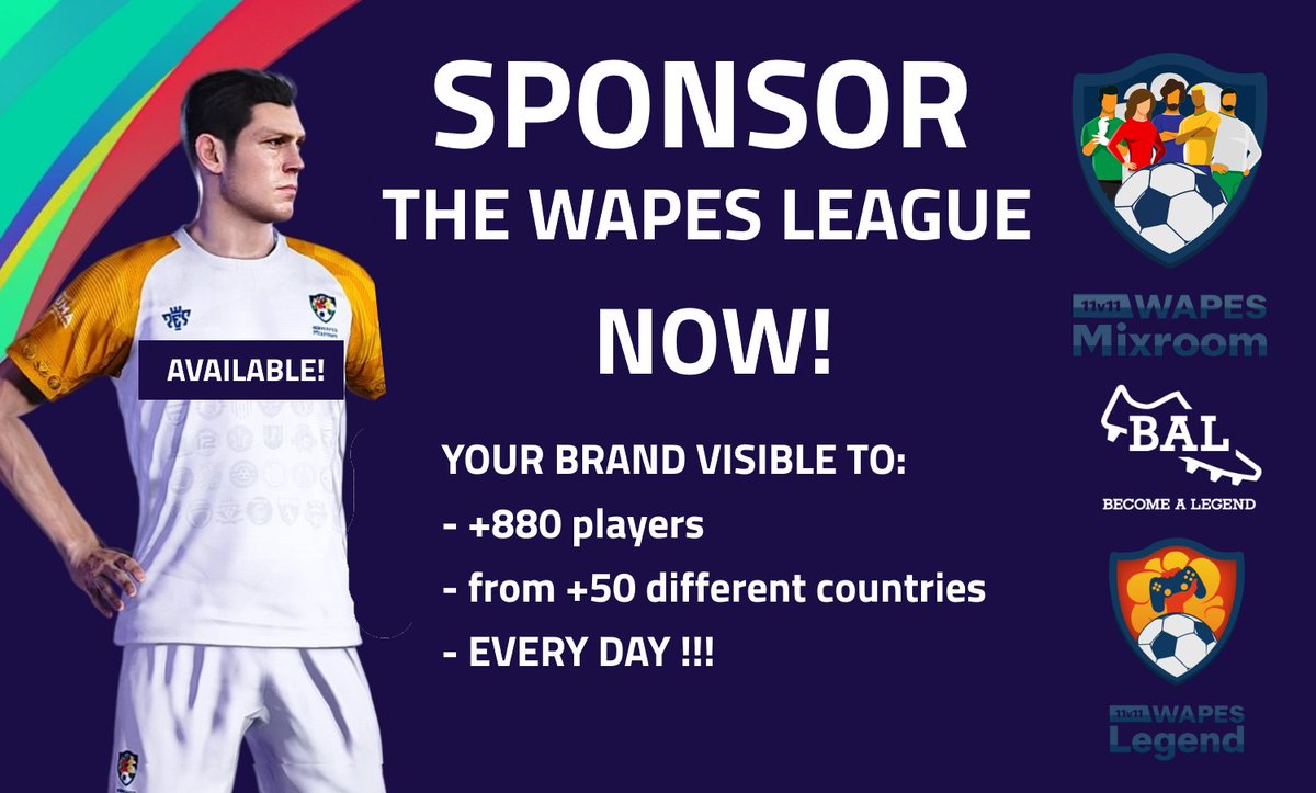 ⚡️By sponsoring our mixroom kits, your brand will be visible to all our community during hours of gaming sessions every day !

Contact us now!

WAPESLEAGUE.COM
Mail: Info@wapesleague.com

#eFootballPES2021 #11vs11 #fullmanual <a href="/officialpes/">officialPES - Inactive</a>