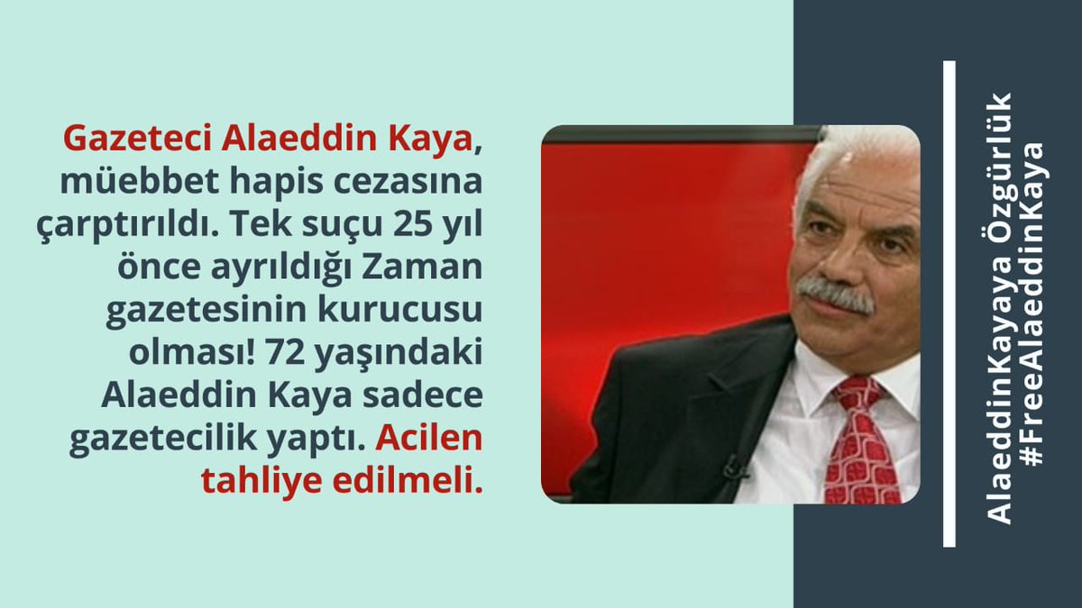 hy_06_'s tweet photo. Alaeddin KAYA (72)

Diyabet, kalp ritim bozukluğu, hipertansiyon, böbrek yetmezliği gibi rahatsızlıkları var.

25 yıl önce ayrıldığı Zaman Gazetesi'nin kurucusu olduğu için müebbet hapis cezasına çarptırıldı.

@RTErdogan
@abdulhamitgul

AlaeddinKayaya Özgürlük
#FreeAlaeddinKaya https://t.co/FrKJm5ALiY