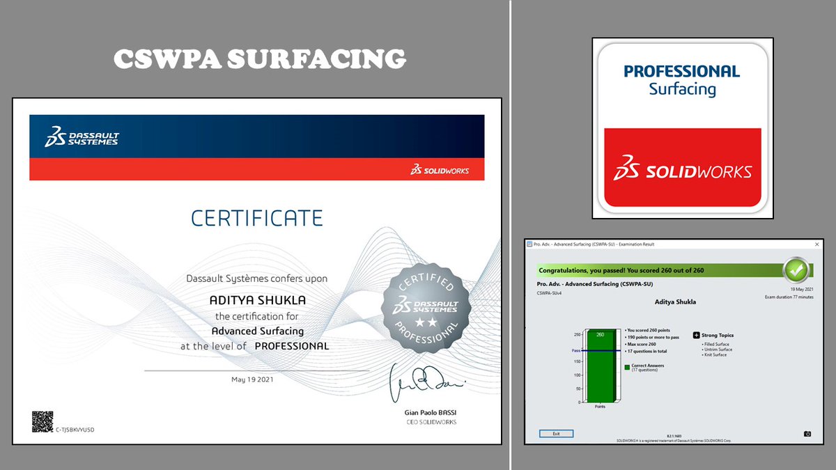 Aaditya13767291's tweet photo. I successfully qualify the #CSWPA_SU Certified Solidworks Professional Advance Surfacing and also Meets the prerequisites for #CSWE . Qualifying this makes me more confident in working with SOLIDWORKS Surfacing workbench.

#Solidworks2020 #dassaultsystemes #Surfacing #mechanical https://t.co/94PERIp9S5