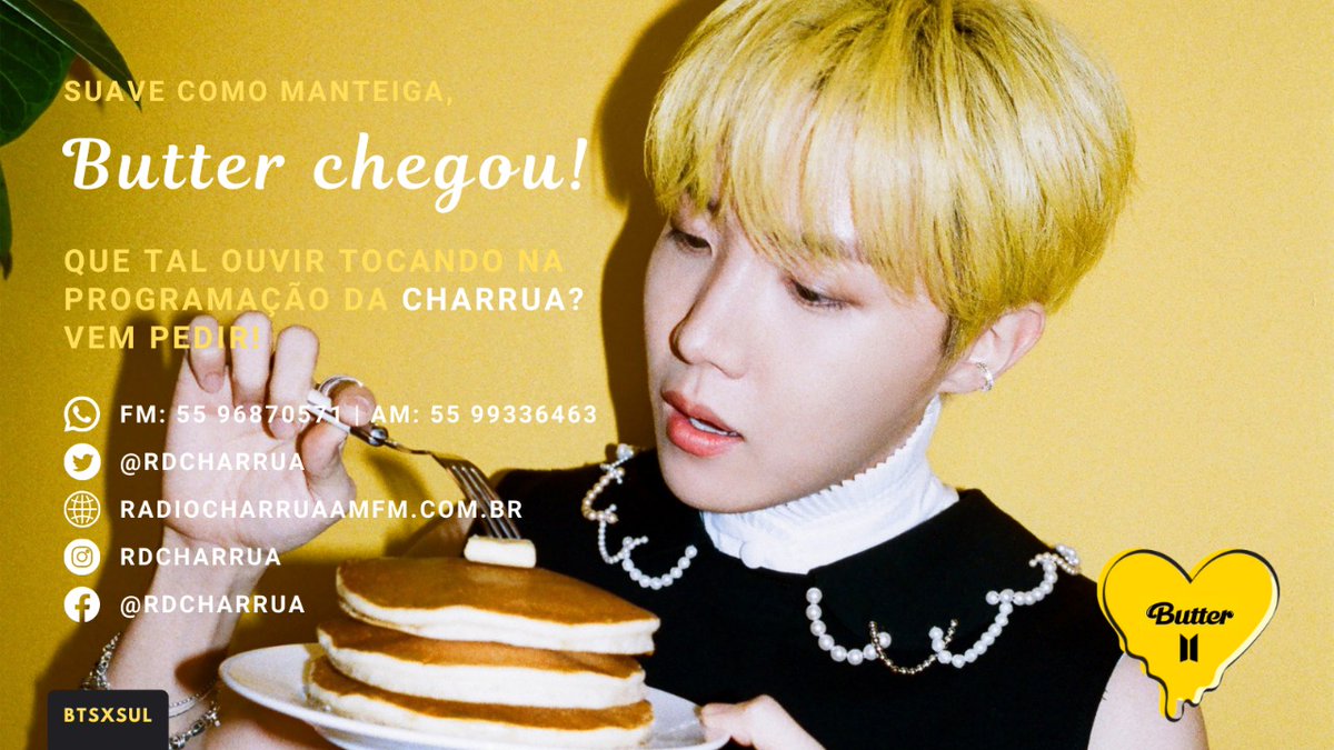 BTSxSUL's tweet photo. 📻 BUTTER NA RÁDIO 🧈 

Bora continuar os pedidos! 💛

Pedido + fotos dos meninos 😍

🧈 250 pedidos 
🧈 50 rt's

Exemplo:

Boa tarde @rdcharrua! Toca pra gente o lançamento #Butter do grupo @BTS_twt na sua programação? Nós vamos amar!  Obrigada!💛

#BTS_Butter #BTSARMY

~Byeol⭐ https://t.co/HBD7rkBRUz
