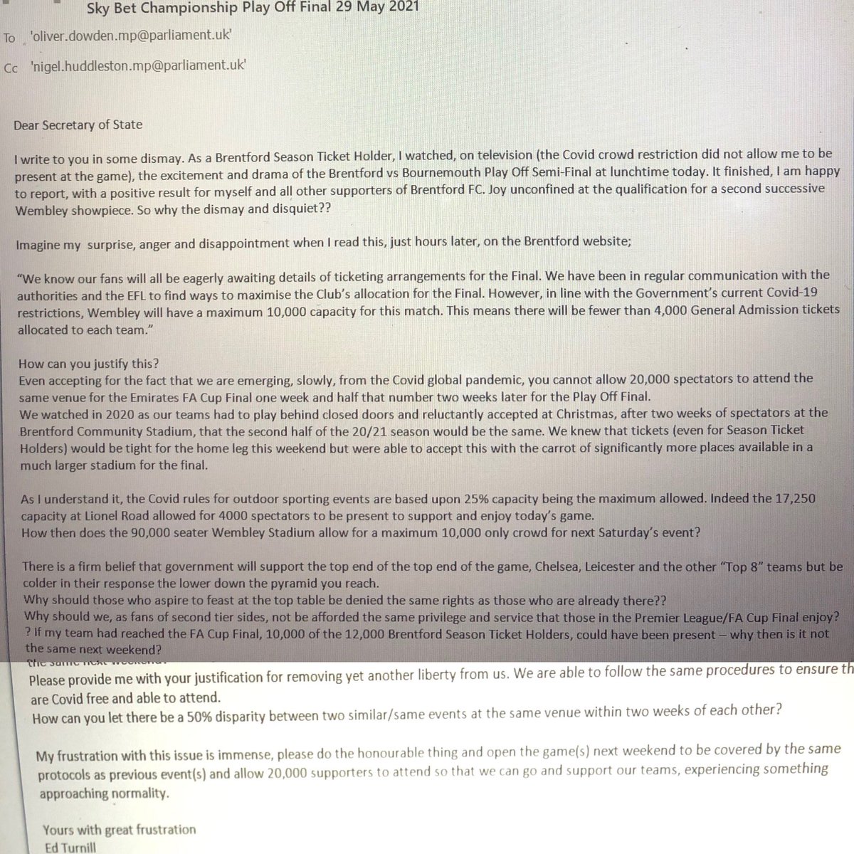thehouseelf's tweet photo. @BrentfordFC #fans write to @OliverDowden now &amp; lobby for a bigger crowd at all @skybet #playoff #finals
Make the #Government show equity with the @EmiratesFACup #Final 

We want 20,000 fans present
@BEES_24_7 @Beesotted @weststandbfc @BrentEssential @BIAS_bfc @BeesUnited https://t.co/g7p7lFWMH6