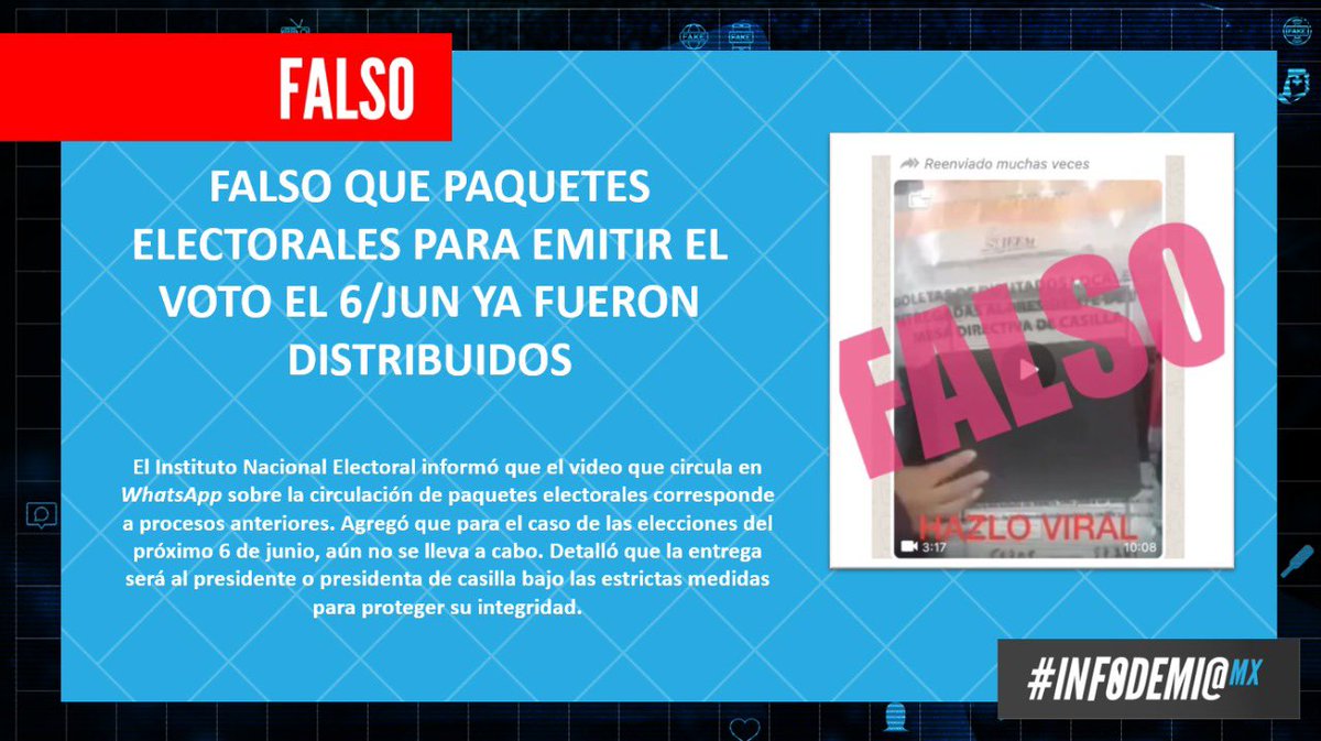 infodemiaMex's tweet photo. #FakeNewsAlert | #Elecciones2021MX 

❌ #Falso que #paquetes #electorales para votar el 6 de junio ya fueron #distribuidos.

✔️El @INEMexico informó que el video donde se observan paquetes electorales corresponde a elecciones anteriores.

👉Desmentido: https://t.co/tFQ3xOoID5 https://t.co/yUy7YusLAV