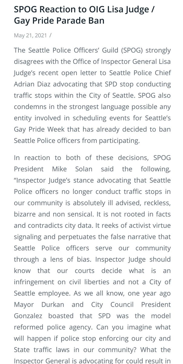 AlyciaRamirez3's tweet photo. Capitol Hill Pride is banning SPD from their march &amp; rally this year (one reason is because of police misconduct at last years protests).

SPOG and Mike Solan responded by calling Pride organizers 'disgusting', that they 'don't belong in Seattle', and condemned the event. https://t.co/RW51O9u5Z6