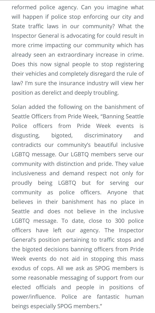 AlyciaRamirez3's tweet photo. Capitol Hill Pride is banning SPD from their march &amp; rally this year (one reason is because of police misconduct at last years protests).

SPOG and Mike Solan responded by calling Pride organizers 'disgusting', that they 'don't belong in Seattle', and condemned the event. https://t.co/RW51O9u5Z6