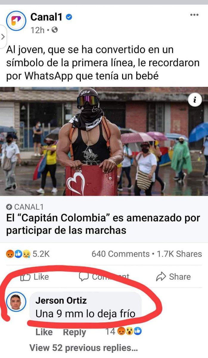 CapitnColombia's tweet photo. Señor Jerson Ortiz , así no se construye un país al que usted juro cuidar, duele estos comentarios y lo pongo a consideración de la @FiscaliaCol
@PoliciaColombia 

#NosEstanMantando #ParoNacional #CapitanColombia https://t.co/igEhB3hLqc