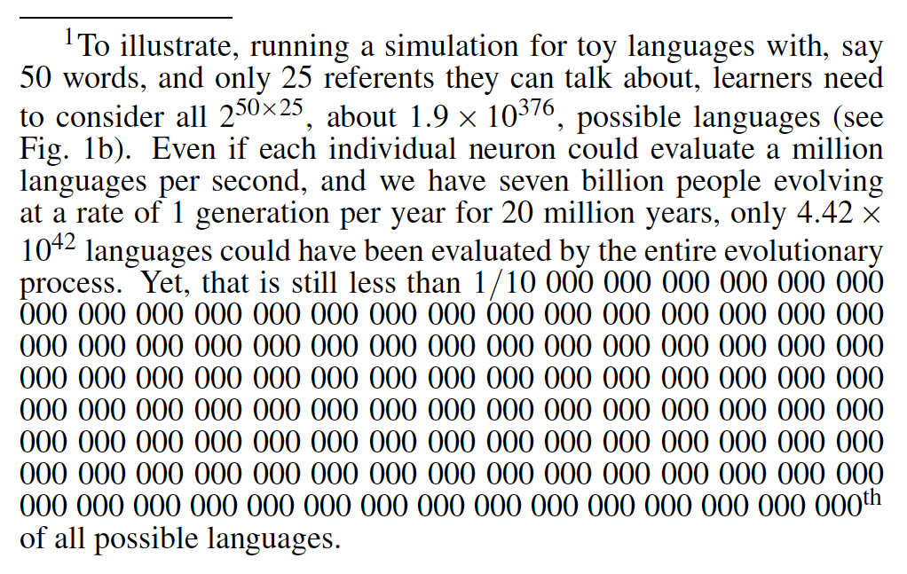IrisVanRooij's tweet photo. This paper asks how models of language evolution can scale from toy scale (as in existing simulation studies) to ecological scale (as in real-world linguistic contexts). It observes a theoretical obstacle, which is conveniently summarised in the screenshots. https://t.co/7oknVbQE19