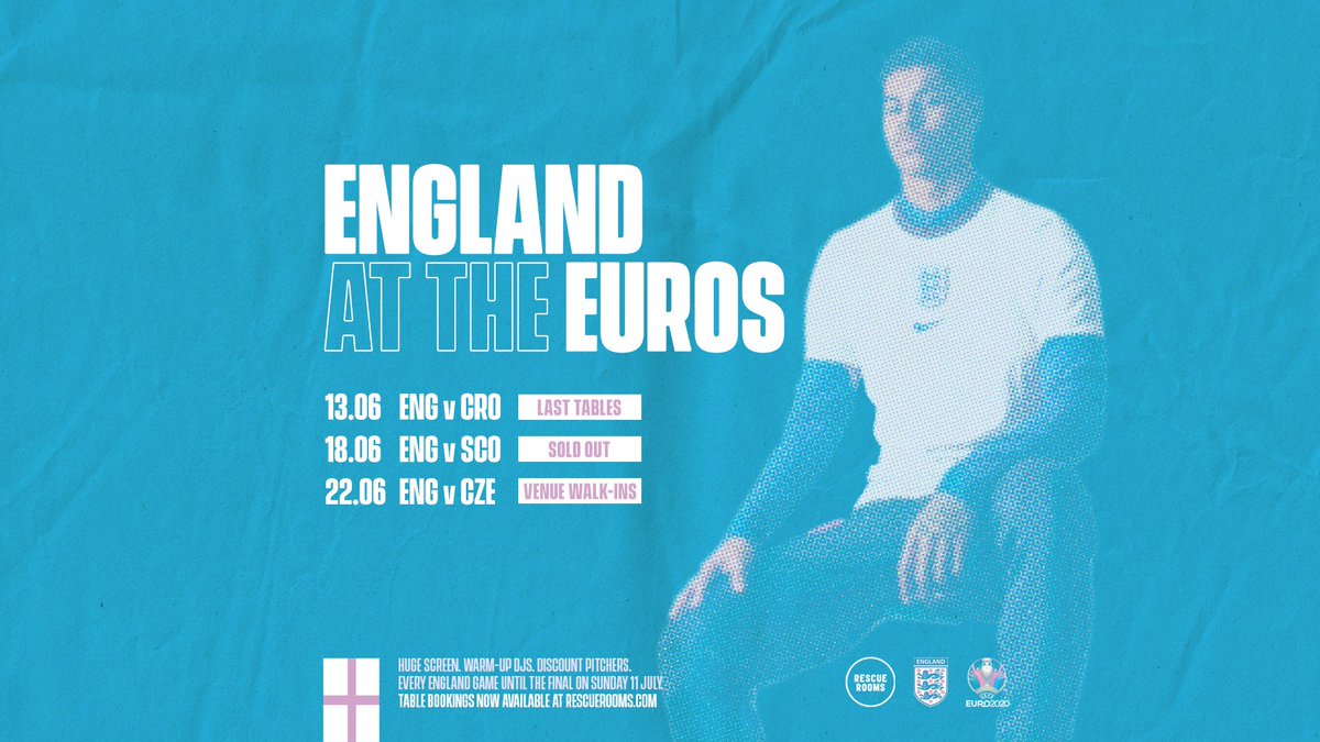 rescuerooms's tweet photo. A quick table availability update for our screenings of @England at @EURO2020!

13.06 ENG v CRO — Last Tables
18.06 ENG v SCO — Sold Out
22.06 ENG v CZE — Venue Walk-ins

Table bookings at https://t.co/KobHIkygNz

#euro2020 #euro2021 #football #bigscreen #bigpints #nottingham https://t.co/G1vjjXfRjY