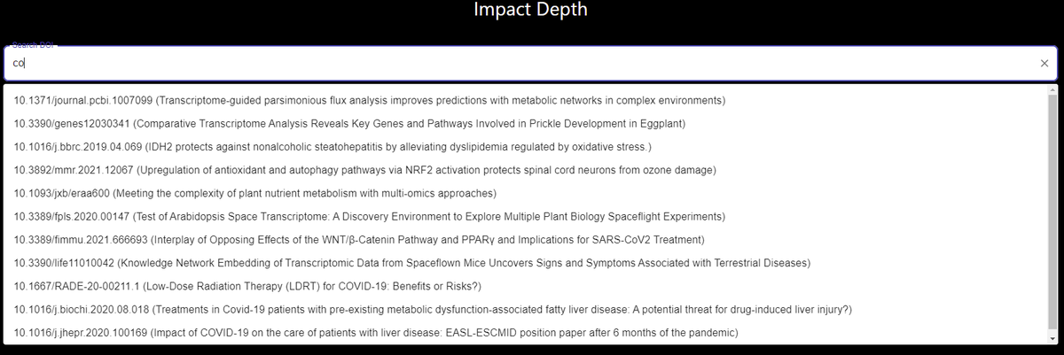 ImpactDepth's tweet photo. You don't have to know a DOI of a publication to search with Impact Depth, you can search for keywords and the search bar will suggest publications for you. Try typing "COVID" and see what you get!

https://t.co/DPMTqii1Ju
#Science #dataviz https://t.co/0D0G1qcaww