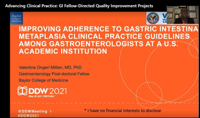 Congrats also to BCM GI Fellow Dr. Valentine Millien and <a href="/MimiTanMD/">Mimi Tan</a> and Houston VA GI team <a href="/bcm_gihep/">BCM Gastroenterology</a> also with oral presentation <a href="/DDWMeeting/">Digestive Disease Week</a> on improving GIM guideline adherence