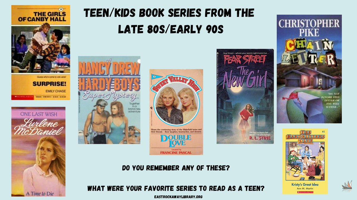 eastrocklibrary's tweet photo. Do you remember any of these series? What was your favorite as a teenager? #nancydrew #sweetvalleyhigh #christopherpike #girlsofcanbyhall #lurlenemcdaniel #fearstreet #bsc #teenreads #nostalgiareads https://t.co/VBcZdmMAh6