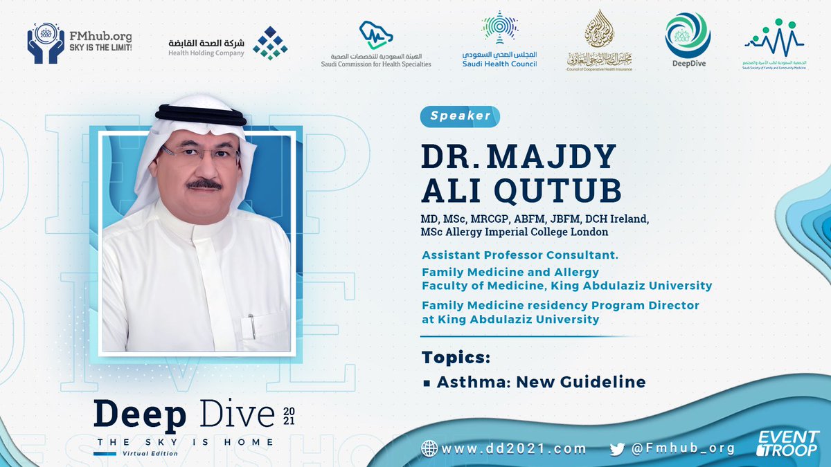Fmhub_org's tweet photo. ✨A warm welcome to DR. MAJDY ALI QUTUB

✨ Assistant Professor Consultant.

✨Our Speaker at #DeepDive2021 Conference

✨Mark your calendar 11-14 JUN 2021

✨30 CME

✨Registration:https://t.co/ozH8lVoOk2

#The_Sky_Is_Home https://t.co/4MhEZA4HKr