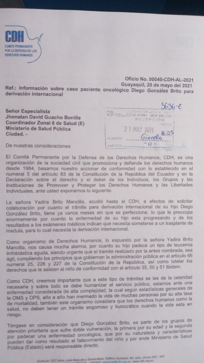 AAguirre2020's tweet photo. @Salud_Ec la señora @milagro_lindo necesita agilidad en su tramite de derivación internacional para su hijo, que es paciente oncológico, desde el @CDHGYE hemos solicitado información y celeridad en su caso @apnacc @Alcivar851 @CamiloSalinasOF @DEFENSORIAEC https://t.co/RJDDYq7wT3