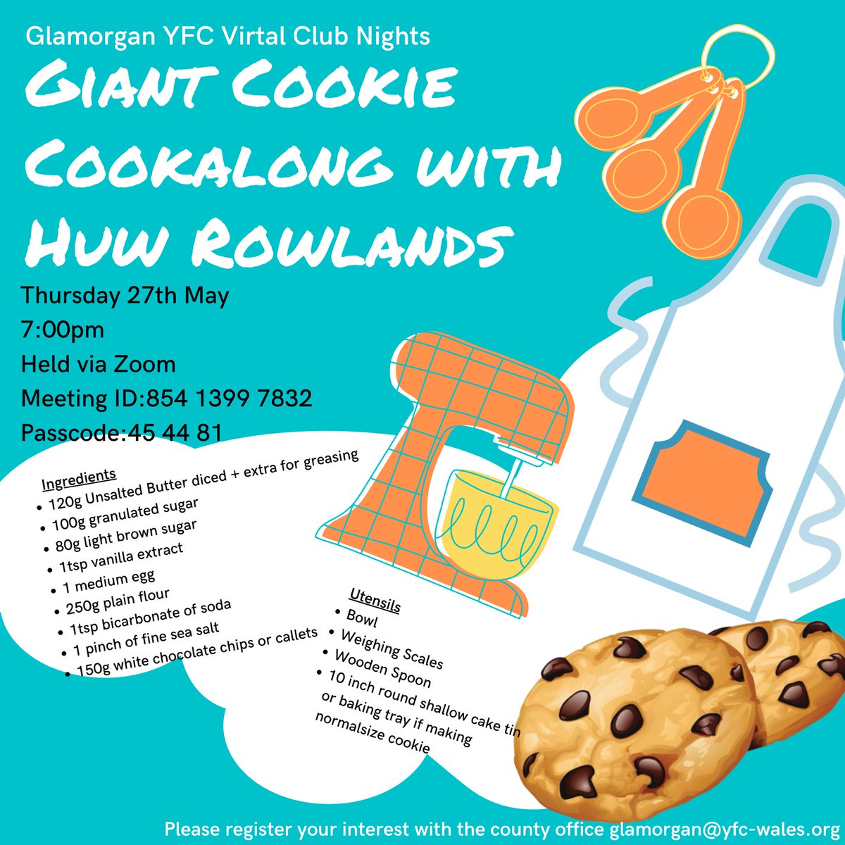 Is your mouth still watering after the last Brownie Cookalong? Well join us again this Thursday when Huw will be giving us another favourite recipe - a GIANT COOKIE! We can’t wait. Look forward to seeing you all on Thursday, 7pm sharp!