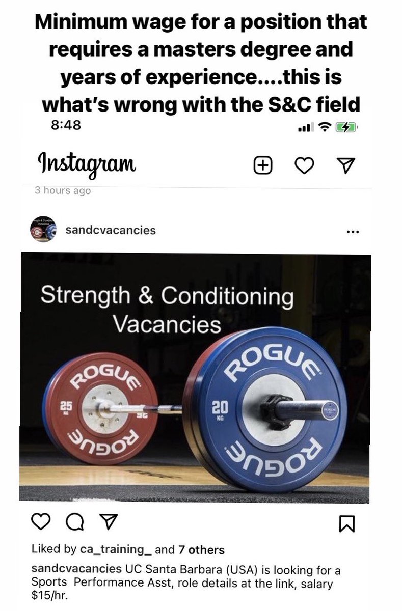 44archer's tweet photo. What’s wrong with this picture? Shouldn’t graduate level education and  experience equate to more than minimum wage for compensation? #strengthandconditioning #strengthcoach #fairpay #athletics #performance https://t.co/T5GboxUIfD
