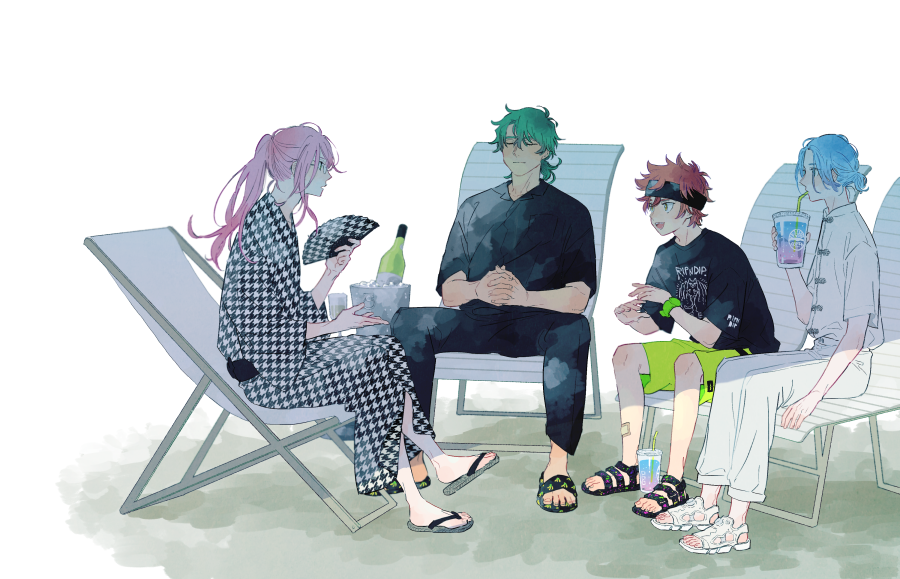 multiple boys sandals red hair green hair long hair sitting japanese clothes  illustration images