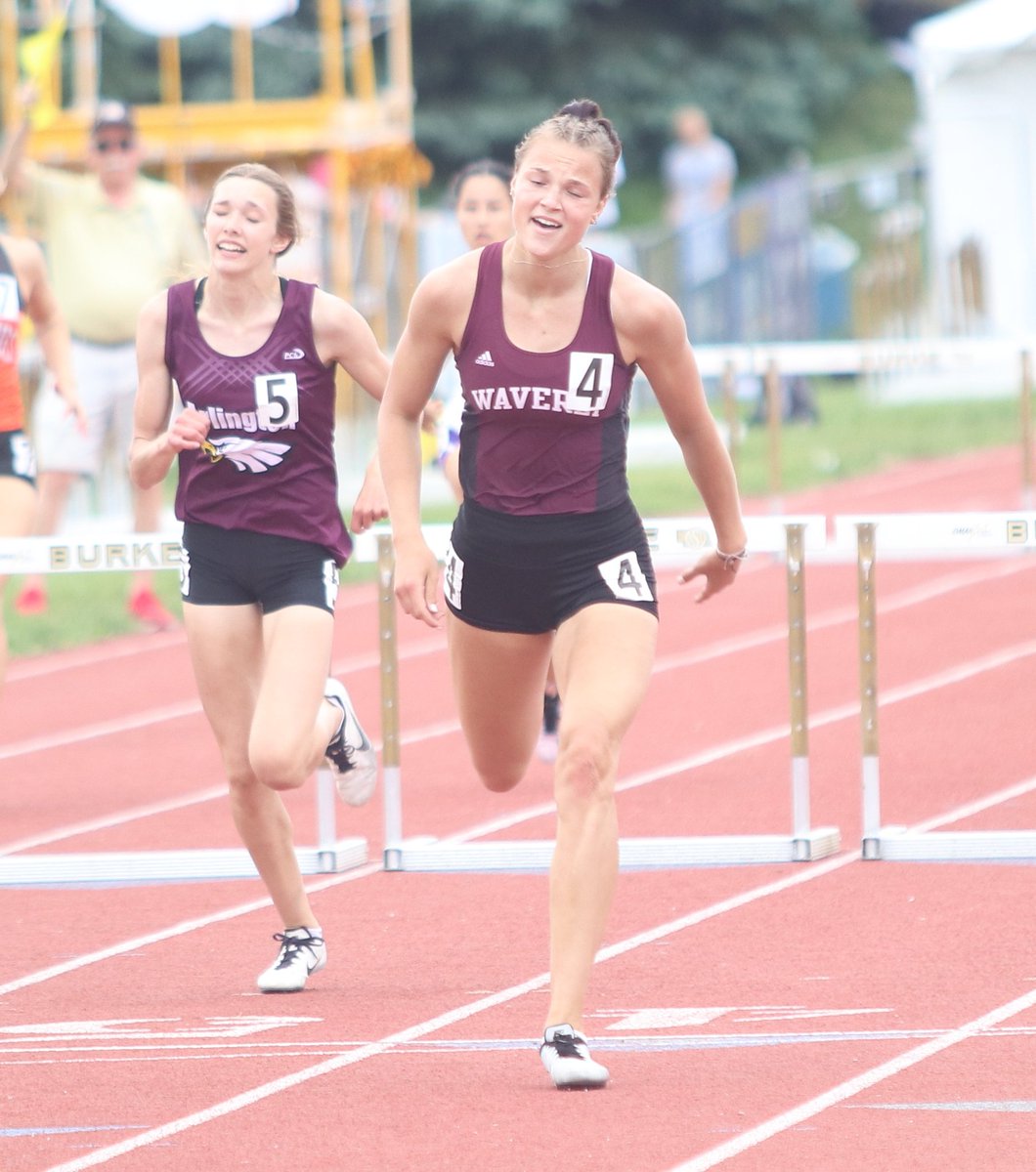 STATE CHAMP! <a href="/WaverlyVikesTF/">Waverly Vikes Track</a> senior Whitney Lauenstein wins the 300-meter hurdles with a time of 44.70.