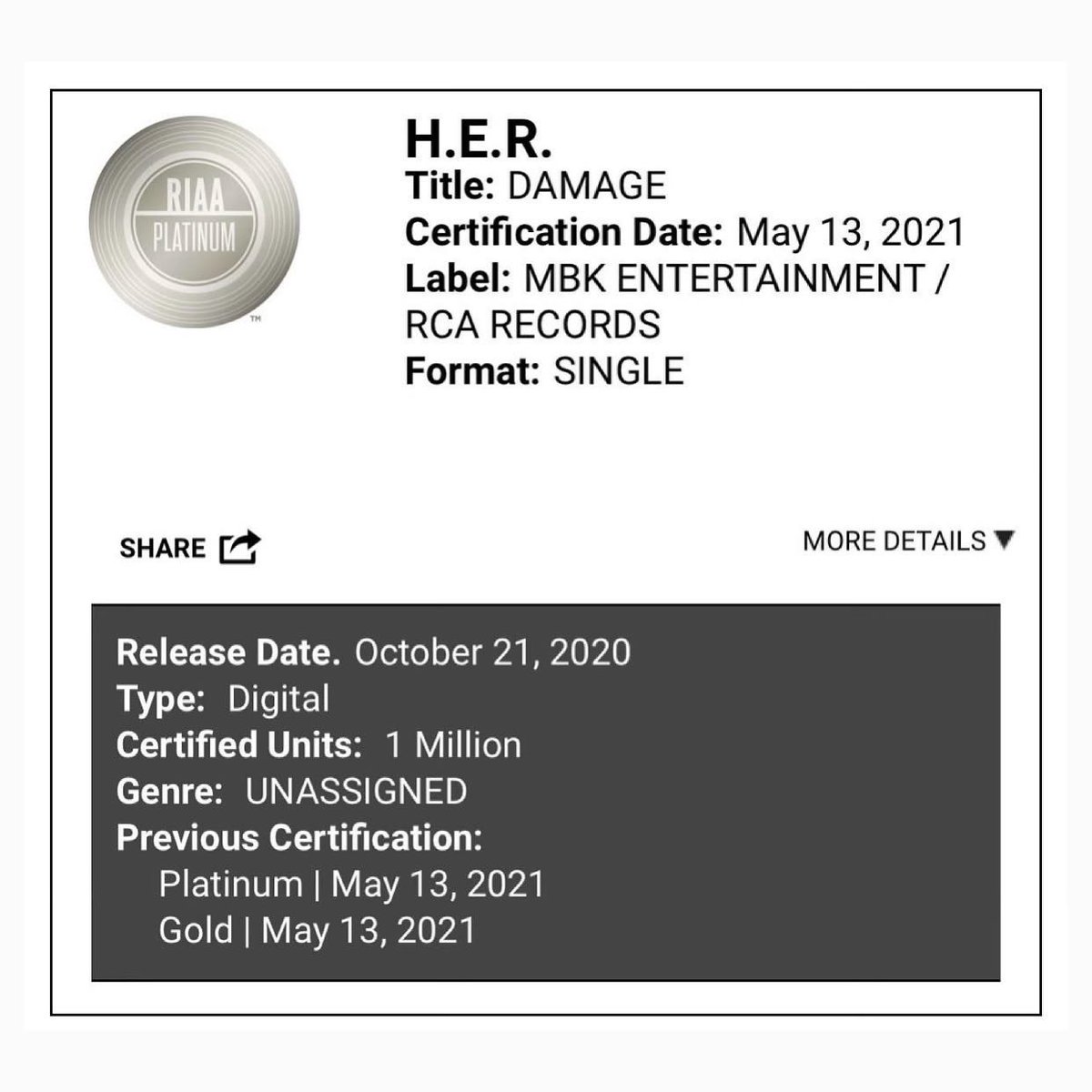 THANK YOU!!! #DAMAGE IS OFFICIALLY PLATINUM!!!!!! FEELING SO BLESSED!! R&amp;B IS ALIVE!