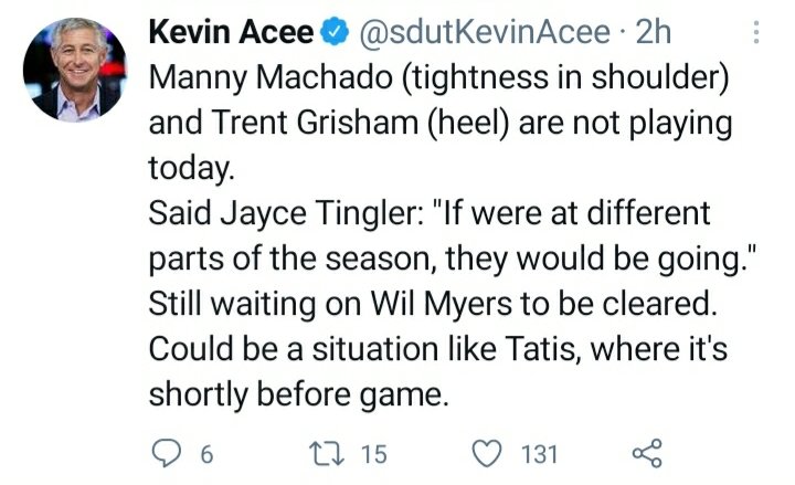tavisdavidson's tweet photo. @Padres Per Kevin Acee: Why Manny and Trent are not in the starting lineup today... https://t.co/vAPnrmXY80