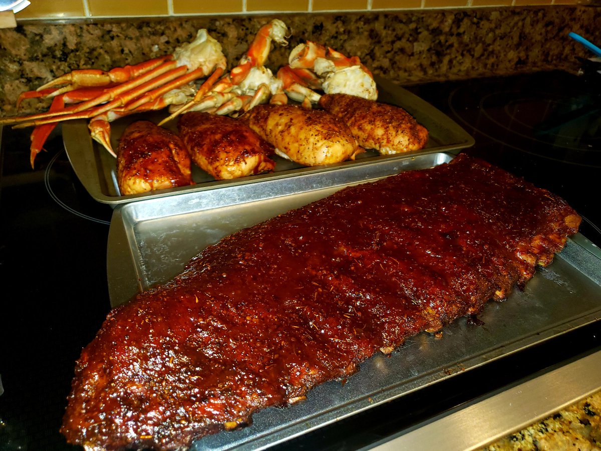 St Louis spare ribs, smoked chicken breast and because my son got 2 hits and made multiple great plays at 3rd base - crab legs (snow and Dungeness)! Happy Saturday night! #bbq #bbqsmoker #bbqribs #crablegs #baseball #chicken