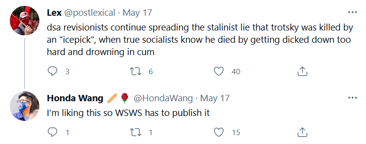 How can <a href="/demsocialists/">DSA</a> tolerate this?!

This is DSA leader <a href="/HondaWang/">Honda Wang 王宏达</a>, who is on the Lower Manhattan Organizing Committee.

This type of shocking, sexually violent, and obscene language is characteristic of the far-right.