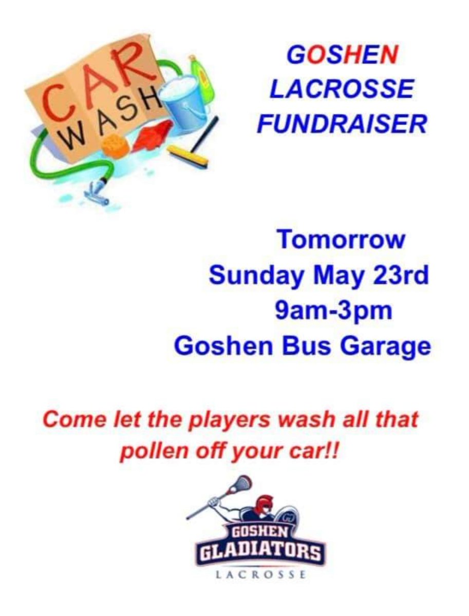 Come on out tomorrow to get your car washed to support Goshe Lacrosse 9am-3pm